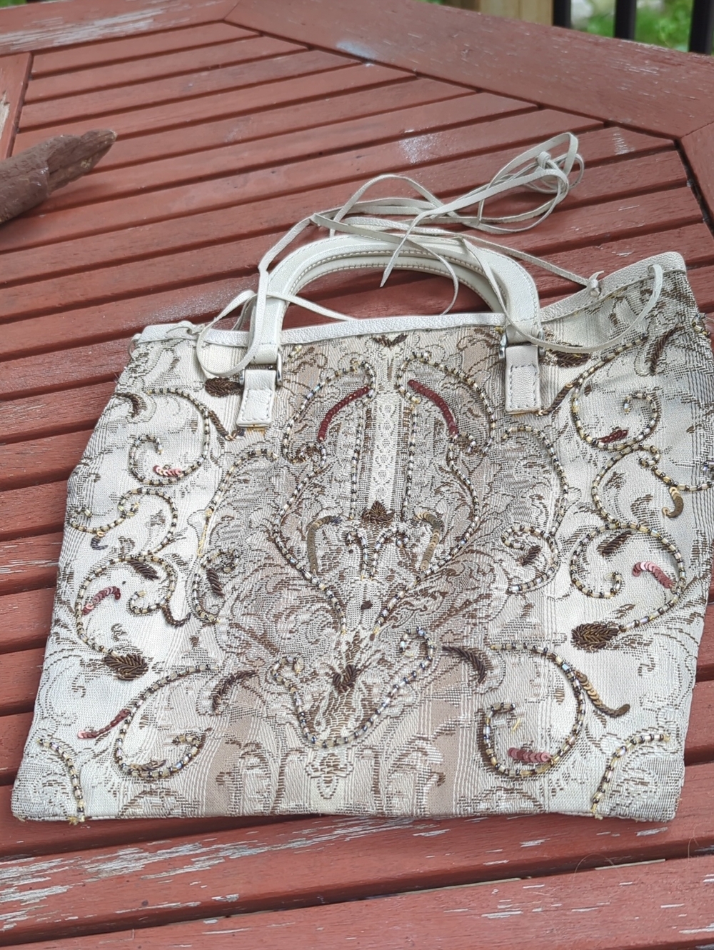 Christina Cream and Gold Embroidered Beaded Tote